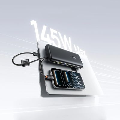9. Baseus EnerFill FC41 25000mAh 145W Powerbank mit Digitalanzeige und integriertem Dual-USB-C-Kabel – Schwarz