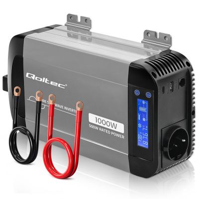 Qoltec Sinus-Spannungswandler | 12 V auf 230 V | 500/1000 W | LCD | USB | USB-C | Kompatibel mit LiFePO4-, GEL- und AGM-Akkus