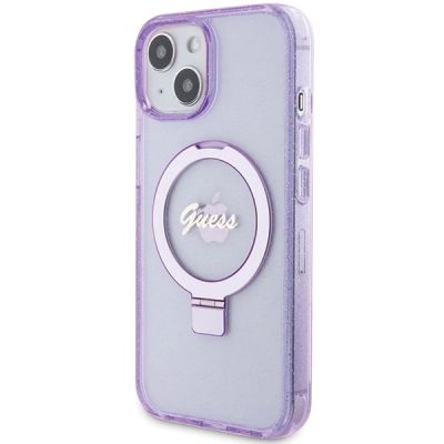 2. Guess Ring Stand Script Glitter MagSafe Hülle für iPhone 15 Plus / 14 Plus – Lila
