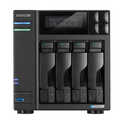 NAS Asustor AS6704T; Tower; 4x (3,5" SATA HDD/ 2,5" SSD); Intel Celeron N5105; 4 GB DDR4 SODIMM (max. 16 GB), 2x 2,5-GbE, 4x M.2 2280 NVMe PCIe 3.0, 2x USB 3.2 Gen, 1x HDMI 2.0b, 1x optionale 10-GbE-Karte
