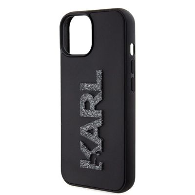 6. Karl Lagerfeld 3D Rubber Glitter Logo Hülle für iPhone 15 – Schwarz