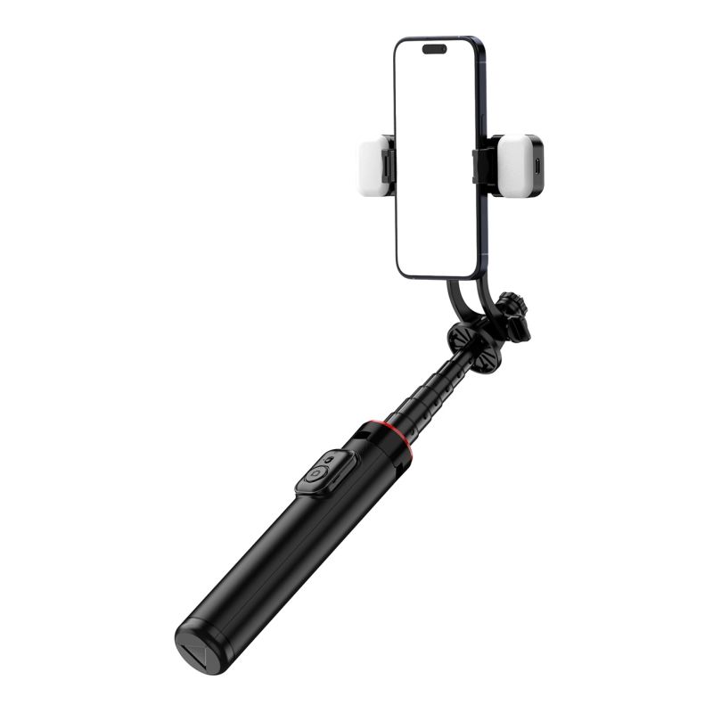 7. Selfie Stick WC12YDS Teleskopstativ 1,3 m aus Aluminiumlegierung mit Dual-Licht und Telefonhalter – Schwarz