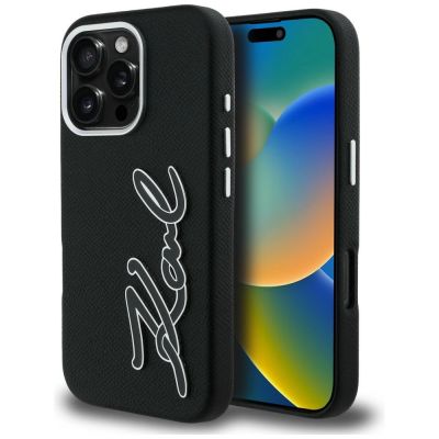 Karl Lagerfeld FW Grained Signature Logo Case für iPhone 16 Pro Max - Schwarz