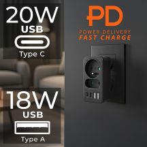 MACLEAN Steckdosenleiste x2 + 4xUSB, Verteiler mit 2 Steckdosen, 2xUSB-A, 2xUSB-C PD 20W, 1x16A + 1x6A MCE249 F/B