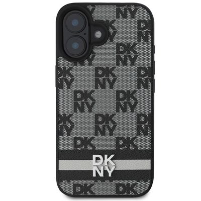 3. DKNY iPhone 16 Hülle mit Karomuster und bedruckten Streifen – Schwarz