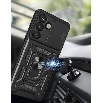 3. Hybrid Armor Camshield-Hülle mit Kameraabdeckung und Metallring für Samsung Galaxy S25 – Schwarz