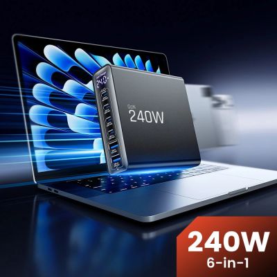 4. Tech-Protect DC240W-GaN Ladestation mit 6 Anschlüssen (4 x USB-C, 2 x USB-A), 240 W, QC3.0 – Schwarz