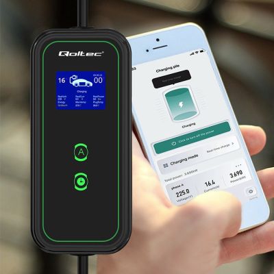 4. Qoltec 52476 Mobiles Ladegerät für Elektroautos (EV) mit 2-in-1-Ladegerät Typ 2 | 3,5 kW | 230 V | WLAN | LCD | Tragbar | Wandsteckdose | 5 m