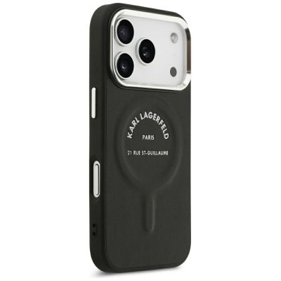4. Karl Lagerfeld MagSafe Hülle mit geprägtem offenem Ring und RSG-Logo für iPhone 17 Pro Max / 18 Pro Max – Schwarz