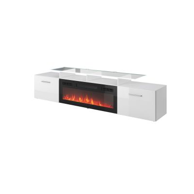 ROVA TV-Schrank mit Elektrokamin, 190 x 37 x 48 cm, weiß/weiß glänzend