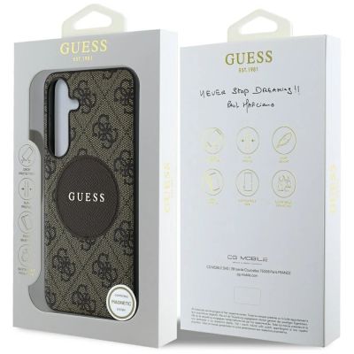 8. Guess 4G Round Patch Classic Logo MagSafe Hülle für Samsung Galaxy S25 Plus Braun