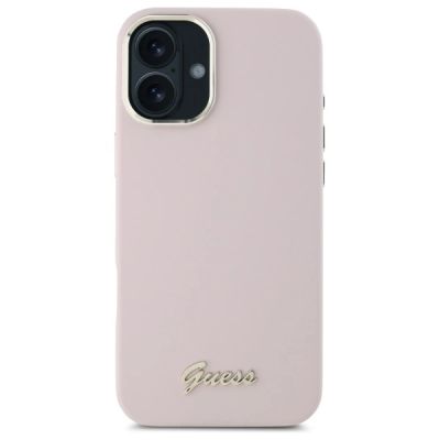 3. Guess Silikon Script Metal Logo & Frame Hülle für iPhone 16 Plus – Rosa