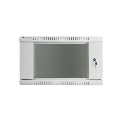 5. Lanberg WF01-6406-10S einteiliger abschließbarer Schrank (6 HE; 368 mm / 600 mm / 450 mm; Wandmontage; Glas; 19 Zoll; grau)