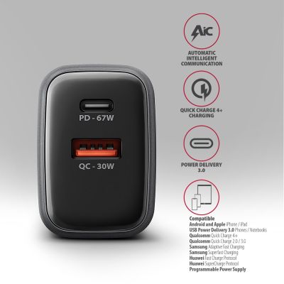 4. Axagon ACU-PQ67 Ladegerät für Mobilgeräte, Universal, Schwarz/Grau, Wechselstrom, Schnellladung, intern