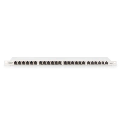 7. Hochdichtes Patchpanel 19 Zoll, 24x RJ45, LSA-Level, Cat. 6A, geschirmt, 0,5 HE, grau, Kabelführung