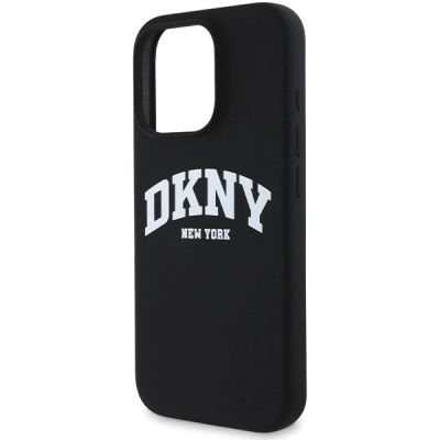 6. DKNY Silikon-MagSafe-Hülle mit weißem bedrucktem Logo für iPhone 16 Pro Max – Schwarz