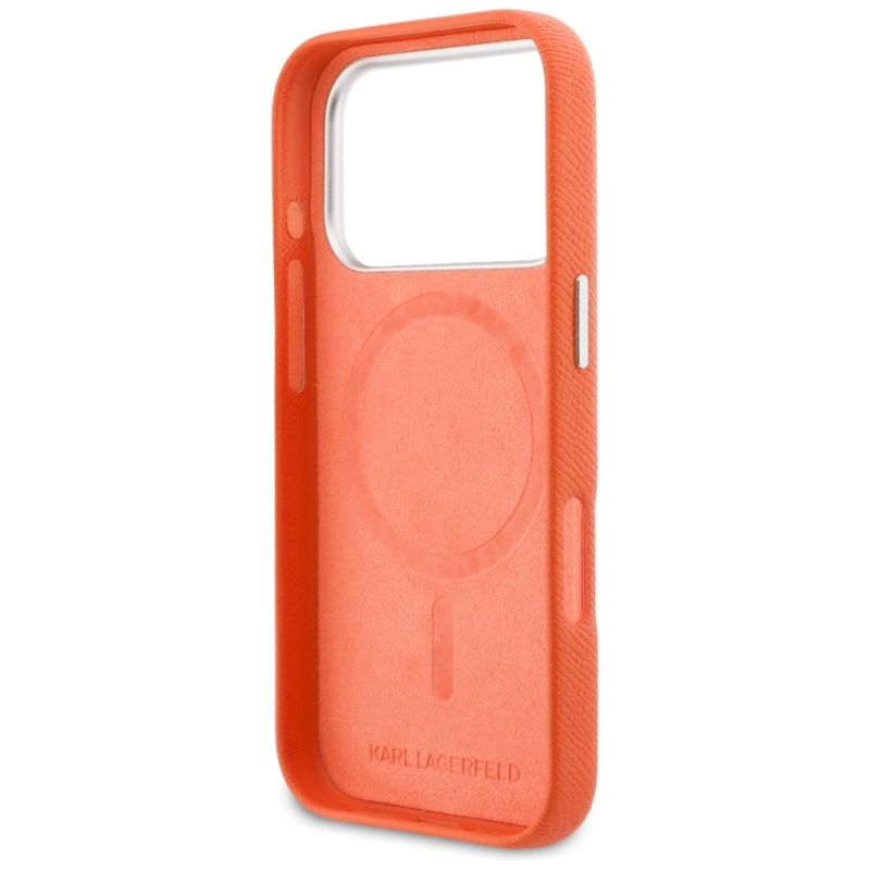 7. Karl Lagerfeld Karl & Choupette Head Pins Saffiano MagSafe Hülle für iPhone 17 Pro Max - Orange