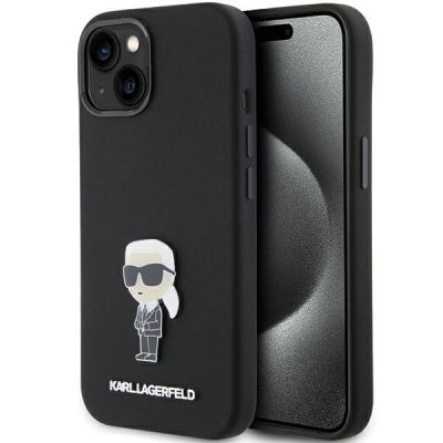 Karl Lagerfeld Silikon Ikonik Metal Pin Hülle für iPhone 15 – Schwarz