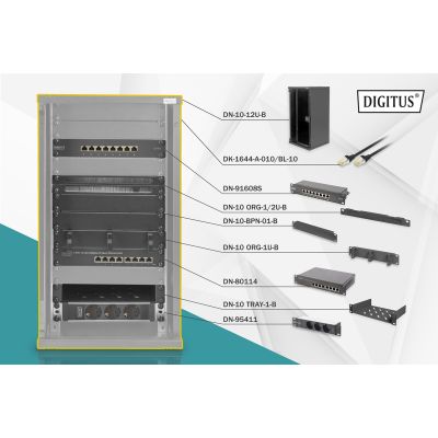44. 10"-Netzwerkset: 12 HE Wandschrank, Ablage, Steckdosenleiste, 8-Port-Switch, Cat.6-Anschlussfeld, schwarz