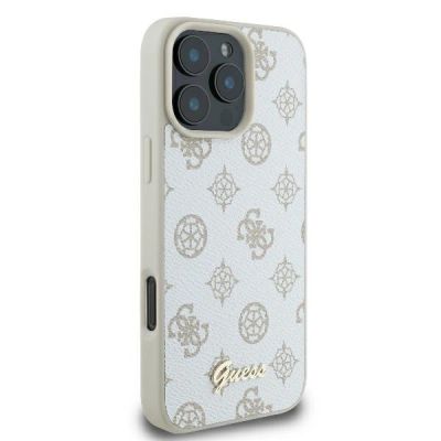 4. Guess MagSafe Hülle mit Pfingstrosen-Schriftzug für iPhone 16 Pro – Weiß