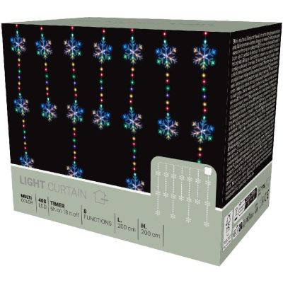 7. Weihnachtsbaumbeleuchtung, Lichtervorhang 200x200 cm, 408 LEDs, Schneeflocken, mehrfarbig