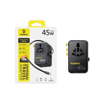5. Baseus PicoGo AG11 45W 6-in-1 Reiseadapter mit einziehbarem USB-C-Kabel – Schwarz