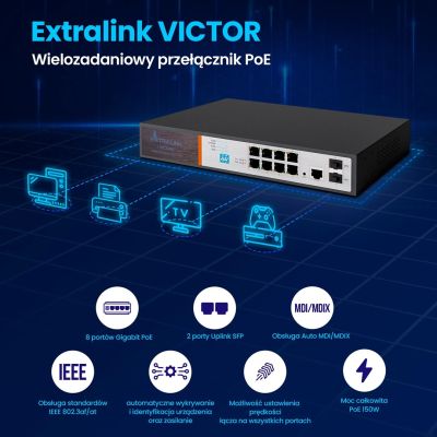 19. Extralink VICTOR | PoE-Switch | 8x Gigabit PoE/PoE+, 2x SFP, 1x Konsolenanschluss, 150 W, Managed