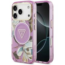 Guess IML Glitter Flowers Triangle MagSafe Hülle für iPhone 18 Pro Max / 17 Pro Max – lila