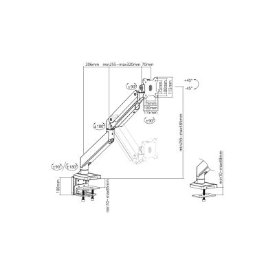 45. Einzelner Tischarm mit Klemme für 1xLCD mit Gasfeder, max. 35 Zoll und 15 kg