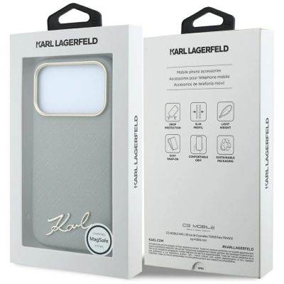 8. Karl Lagerfeld Saffiano MagSafe Hülle mit kleinem Schriftzug und Metalllogo für iPhone 18 Pro / 17 Pro – Beige