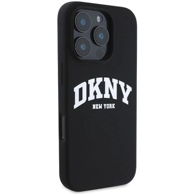 4. DKNY Silikon-MagSafe-Hülle mit weißem bedrucktem Logo für iPhone 16 Pro – Schwarz