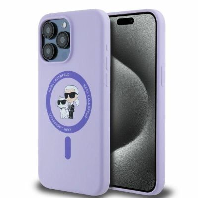 Karl Lagerfeld Silikon Karl&Choupette Heads Ring MagSafe Hülle für iPhone 15 Pro Max – Lila