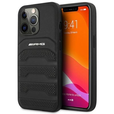 AMG AMHCP14LGSEBK iPhone 14 Pro 6.1 "schwarz / schwarzes Hardcase Leder geprägte Linien