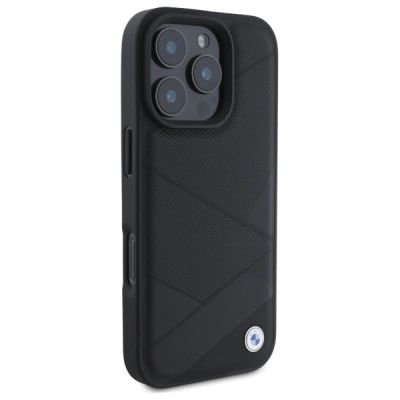 4. BMW Sign Leather Crossing Lines Pattern Hülle für iPhone 16 Pro Max – Schwarz