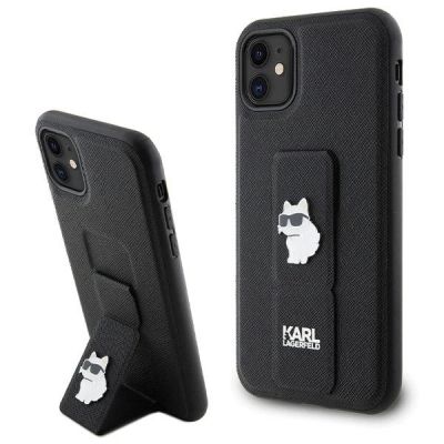 Karl Lagerfeld Gripstand Saffiano Choupette Pins Hülle für iPhone 11 / Xr – Schwarz