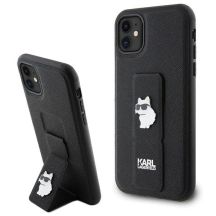 Karl Lagerfeld Gripstand Saffiano Choupette Pins Hülle für iPhone 11 / Xr – Schwarz