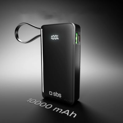 10. Powerbank SBS 10000 mAh 20W mit integriertem USB-C-Kabel und Digitalanzeige - schwarz