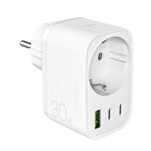 Puro 30W Power Delivery Ladegerät mit Schuko Stecker und Buchse 2x USB-C + 1x USB-A - Weiß