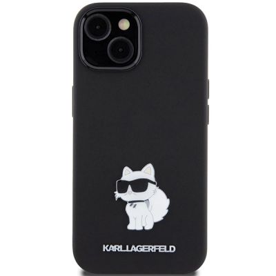 3. Karl Lagerfeld Choupette Metal Pin-Hülle aus Silikon für iPhone 15 Plus / 14 Plus – Schwarz