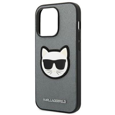 6. Karl Lagerfeld Saffiano Choupette Head Patch Hülle für iPhone 14 Pro Max - Silber