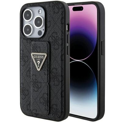 Guess Grip Stand 4G Triangle Strass Hülle für iPhone 15 Pro Max - Schwarz
