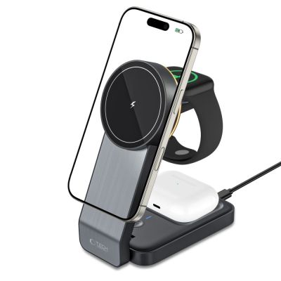 9. Tech-Protect QI15W-A28 induktives MagSafe 3in1 Ladegerät mit Ständer für Smartphone / Apple Watch / AirPods – Schwarz