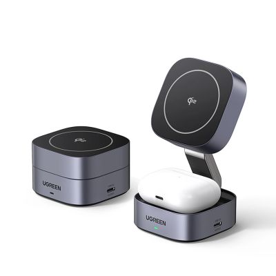 2. Ugreen W702 3in1 induktives Ladegerät mit MagSafe/Qi2 und USB-C-Anschluss für Telefon/Kopfhörer – Schwarz