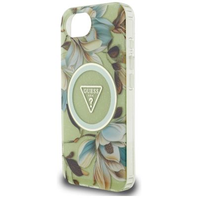 6. Guess IML Metal Glitter Flowers Triangle MagSafe iPhone 16e Hülle - Grün