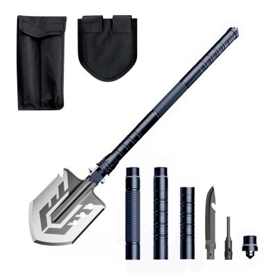 Wozinsky WSS-211 Überlebens- und Bushcraft-Schaufel, Multifunktionsmesser, Brecheisen, Feuersteinpfeife, Harpune, 21-in-1 - grau