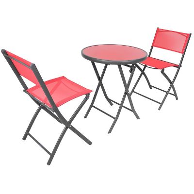 11. Balkonmöbel-Set, runder Tisch und 2 Klappstühle, rot