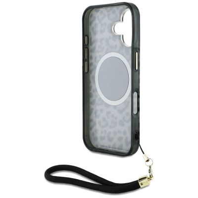 6. Guess HC IML Leopard Triangle Cord Strap MagSafe iPhone 16 Hülle - Schwarz