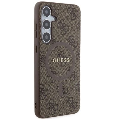 4. Guess 4G Collection Leder-Metall-Logo MagSafe-Hülle für Samsung Galaxy S24+ – braun