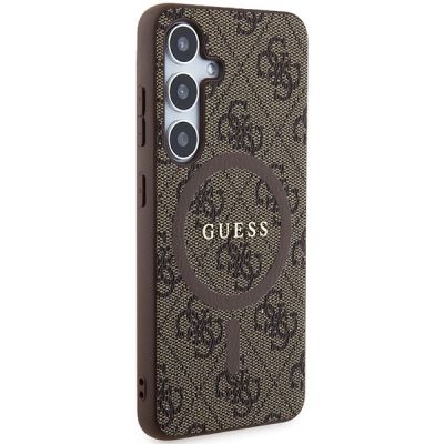 4. Guess 4G Collection Leder Metall Logo MagSafe Hülle für Samsung Galaxy S24 – Braun