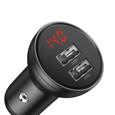 5. Baseus Autoladegerät 2x USB 4,8A 24W mit LCD + 3ins1 Kabel USB - USB Typ C / micro USB / Lightning schwarz (TZCCBX-0G)